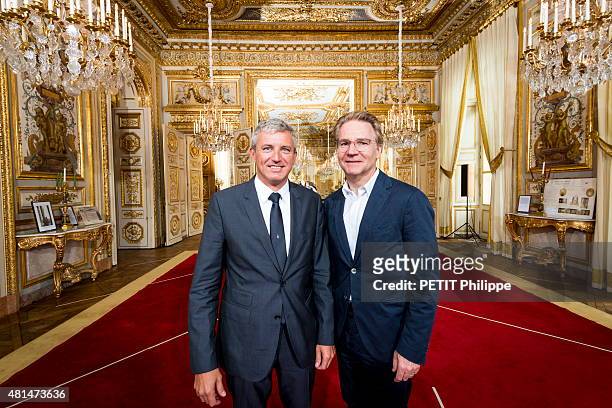 Roland Coutas and Olivier Royant members of The Fondation of the Sea pose on june 23, 2015 in Paris, France.