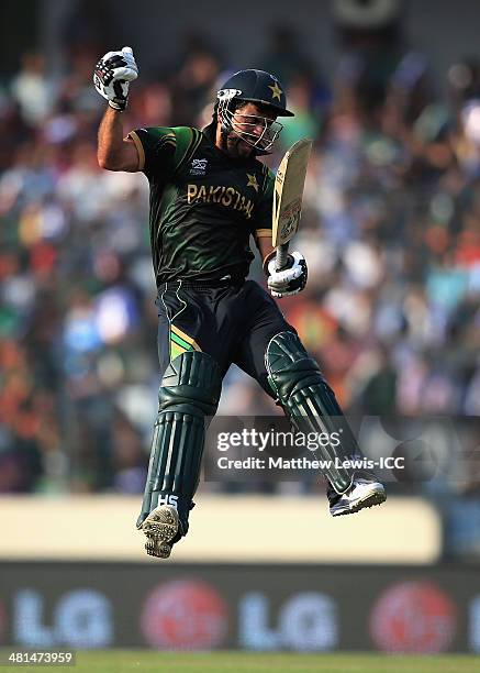 Ahmed Shehzad of Pakistan celebrates his century during the ICC World Twenty20 Bangladesh 2014 match between Pakistan and Bangladesh at Sher-e-Bangla...