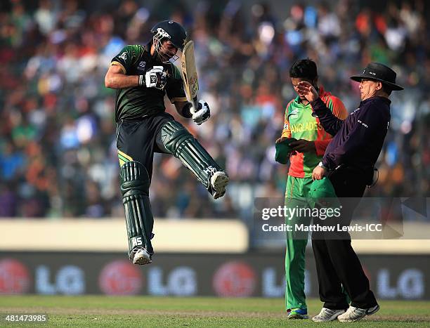 Ahmed Shehzad of Pakistan celebrates his century during the ICC World Twenty20 Bangladesh 2014 match between Pakistan and Bangladesh at Sher-e-Bangla...