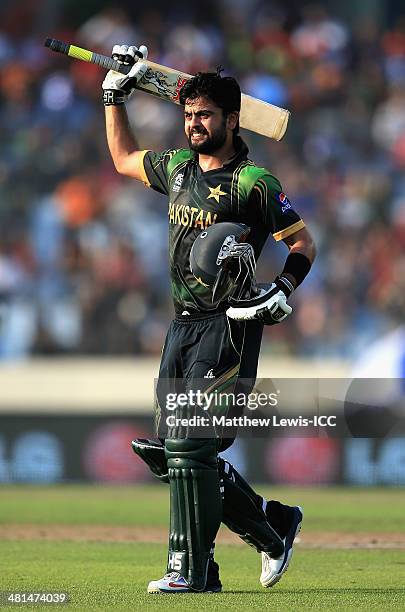 Ahmed Shehzad of Pakistan celebrates his century during the ICC World Twenty20 Bangladesh 2014 match between Pakistan and Bangladesh at Sher-e-Bangla...