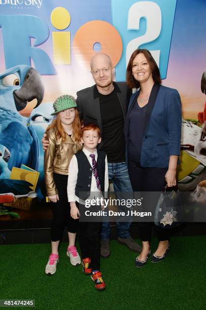 Jake Wood with his wife Alison Murray and two children Amber Wood and Buster Wood attends the UK Gala screening of "Rio 2" at Vue West End on March...