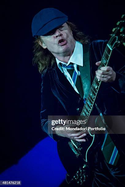 Angus Young , the guitarrist of the Australian hard rock band AC/DC, with his typical school uniform, during the concert. Autodromo Enzo e Dino...