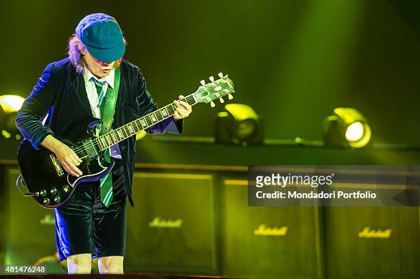 Angus Young , the guitarrist of the Australian hard rock band AC/DC, with his typical school uniform, during the concert. Autodromo Enzo e Dino...