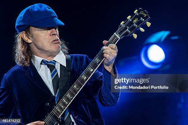 Angus Young , the guitarrist of the Australian hard rock band AC/DC, with his typical school uniform, during the concert. Autodromo Enzo e Dino...