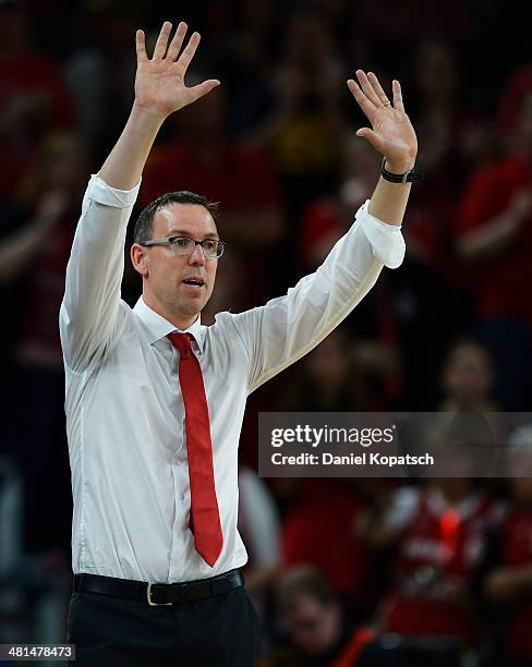 Coach Chris Fleming of Bamberg reacts during the Beko BBL Top Four 3rd place match between Borse Basekts and FC Bayern Muenchen at ratiopharm arena...