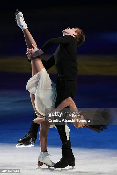 Elena Ilinykh and Nikita Katsalapov of Russia perform their routine in the exhibition during ISU World Figure Skating Championships at Saitama Super...