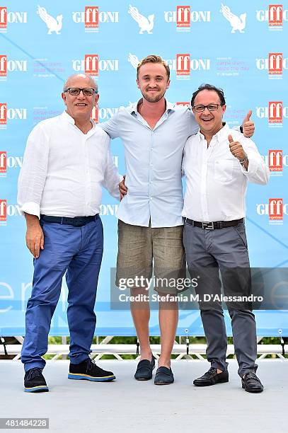 Claudio Gubitosi, Tom Felton and Piero Rinaldi attendthe Giffoni Film Festival 2015 - Day 5 photocall on July 21, 2015 in Giffoni Valle Piana, Italy.