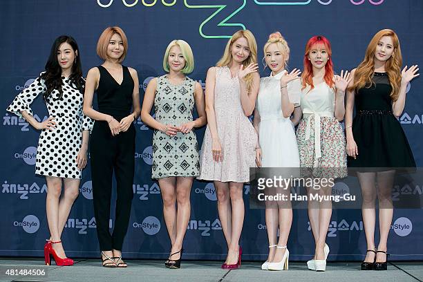 Tiffany, Sooyoung, Hyoyeon, Yoona, Taeyeon, Sunny and Seohyun of South Korean girl group Girls' Generation attend the OnStyle "Channel SNSD" Press...