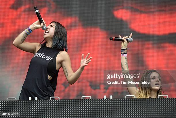Yasmine Yousaf and Jahan Yousaf of Krewella perform during Ultra Music Festival at Bayfront Park Amphitheater on March 29, 2014 in Miami, Florida.