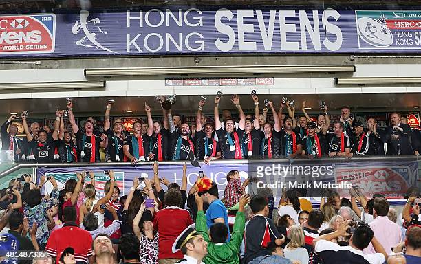 New Zealand celebrate winning the Cup final against England during day three of the 2014 Hong Kong Sevens at Hong Kong International Stadium on March...