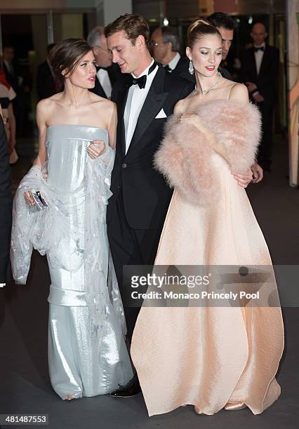 Charlotte Casiraghi, Pierre Casiraghi and Beatrice Borromeo attend the Rose Ball 2014 at Sporting Monte-Carlo on March 29, 2014 in Monte-Carlo,...