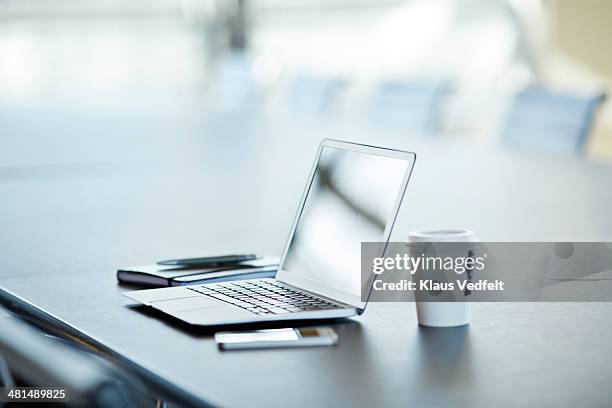 still-life of laptop, phone & to-go coffee - laptop copy space stock pictures, royalty-free photos & images