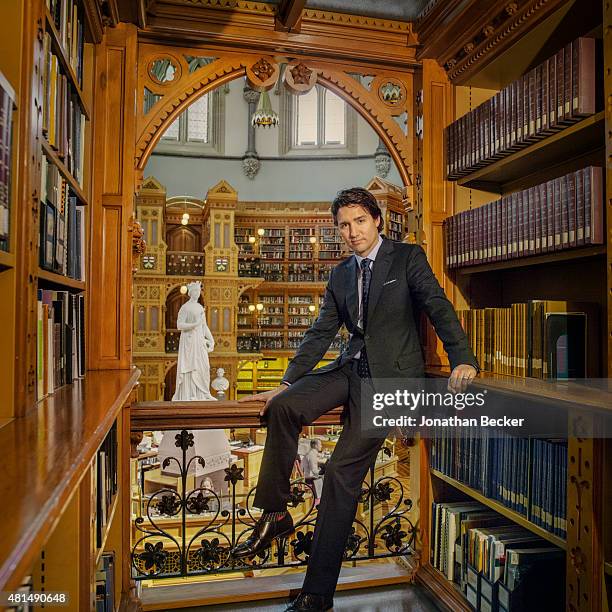 Canadian politician and the leader of the Liberal Party of Canada, Justin Trudeau is photographed for Vanity Fair Magazine on April 1, 2014 in the...