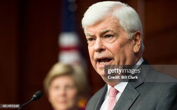 Former Sen. Chris Dodd, D-Conn., speaks during the Senate Democrats' news conference to highlight the fifth anniversary of Dodd-Frank financial...