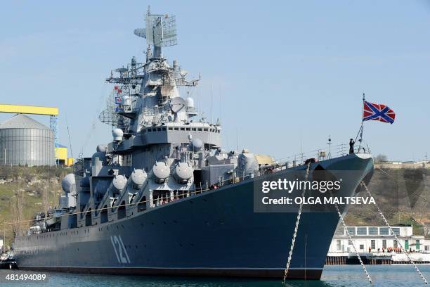 The Russian Navy flagship missile cruiser 'Moskva' remains docked in the bay of the Crimean city of Sevastopolon March 30, 2014. US Secretary of...