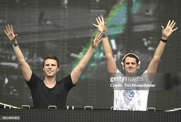 Willem van Hanegem Jr. And Wardt van der Harst of W&W perform during the Ultra Music Festival at Bayfront Park Amphitheater on March 29, 2014 in...