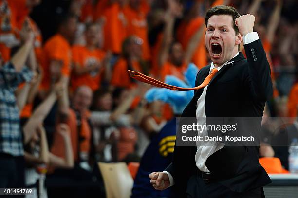 Coach Thorsten Leibenath of Ulm reacts during the Beko BBL Top Four final match between Alba Berlin and ratiopharm Ulm at ratiopharm arena on March...
