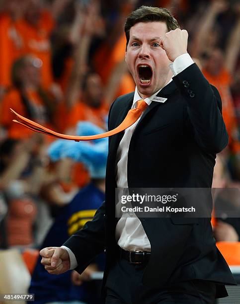 Coach Thorsten Leibenath of Ulm reacts during the Beko BBL Top Four final match between Alba Berlin and ratiopharm Ulm at ratiopharm arena on March...