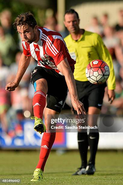Jay Rodriguez of Southampton shoots on goal during the friendly match between KVV Quick 1920 and FC Southampton at Sportpark De Vondersweijde on July...