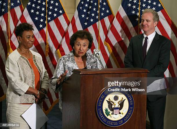 House Appropriations Committee ranking member Nita Lowey speaks while flanked by House Budget Committee ranking member Chris Van Hollen and Rep....