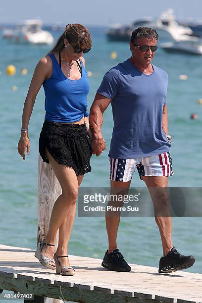 Sylvester Stallone and Jennifer Flavin sighted at club 55 on July 21, 2015 in Saint-Tropez, France.