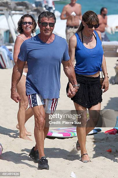 Sylvester Stallone and Jennifer Flavin sighted at club 55 on July 21, 2015 in Saint-Tropez, France.