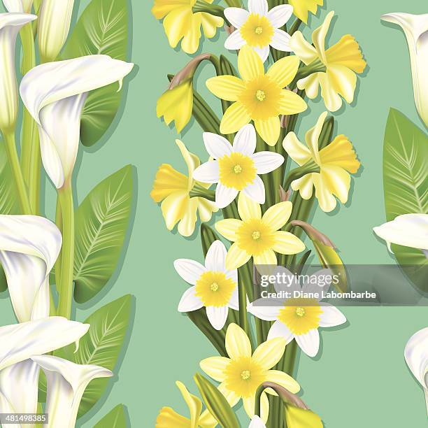 calla lilly und daffodil nahtlose muster - osterglocke stock-grafiken, -clipart, -cartoons und -symbole