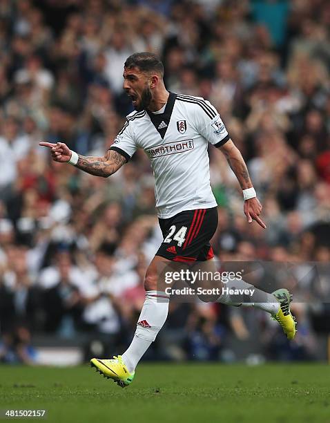 Ashkan Dejagah of Fulham celebrates his goal during the Barclays Premier League match between Fulham and Everton at Craven Cottage on March 30, 2014...