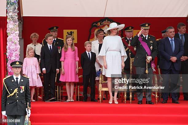 King Philippe of Belgium and Queen Mathilde of Belgium with their children Princess Eleonore, Prince Gabriel, Crown Princess Elisabeth and Prince...