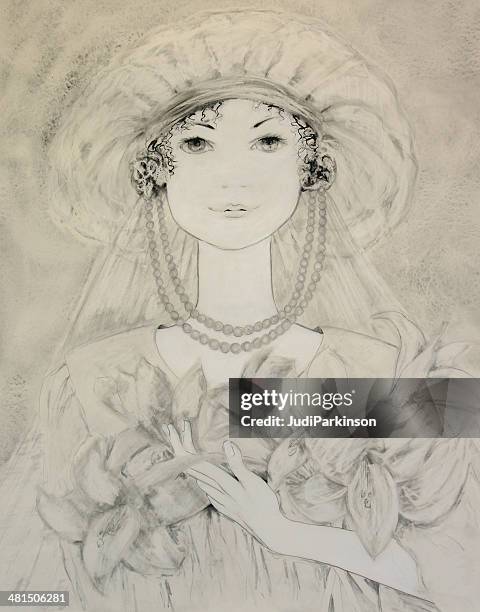 young bride holding a lilies bouquet artwork - lily pearl black stock illustrations