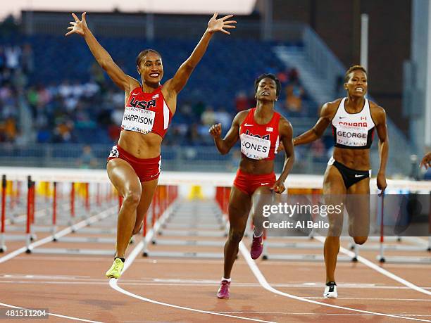 Queen Harrison of the USA wins the Women's 100m hurdle Finals at the Pan Am Games on July 21, 2015 in Toronto, Canada.