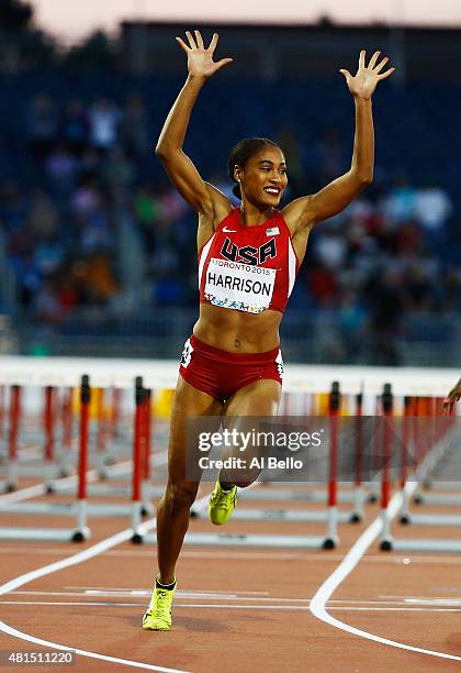 Queen Harrison of the USA wins the Women's 100m hurdle Finals at the Pan Am Games on July 21, 2015 in Toronto, Canada.