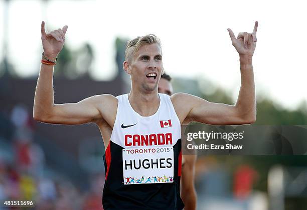 Matt Hughes of Canada celebrates after winning the men's 3000 meter steeplechase during Day 11 of the Toronto 2015 Pan Am Games on July 21, 2015 in...