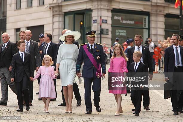 Prince Gabriel, Princess Eleonore, Queen Mathilde of Belgium, King Philippe of Belgium, Crown Princesse Elisabeth and Prince Emmanuel walk together...