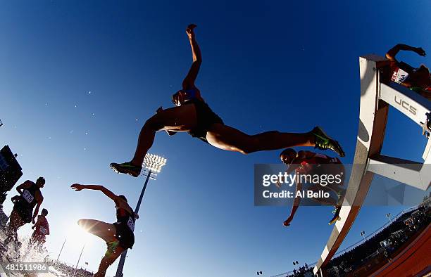 General view of competitors leaping over the water jump during the Men's 3000m Steeplechase at the Pan Am Games on July 21, 2015 in Toronto, Canada.