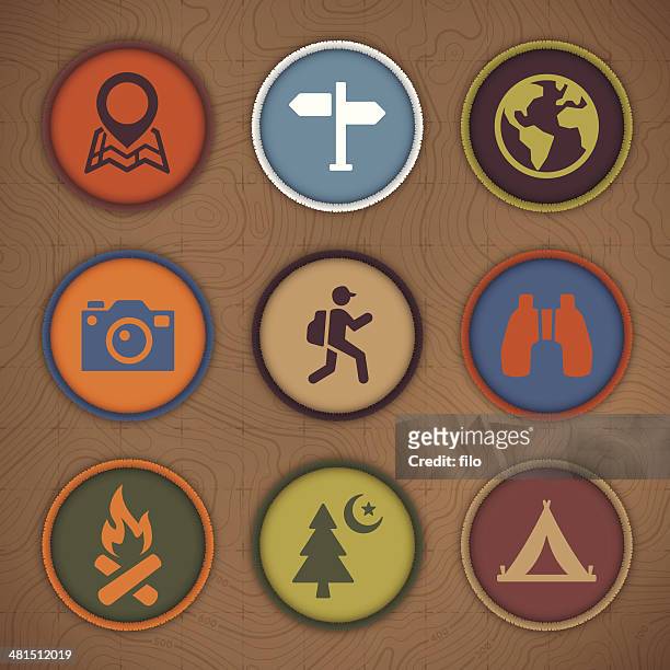 stockillustraties, clipart, cartoons en iconen met camping patch symbols - bruine achtergrond