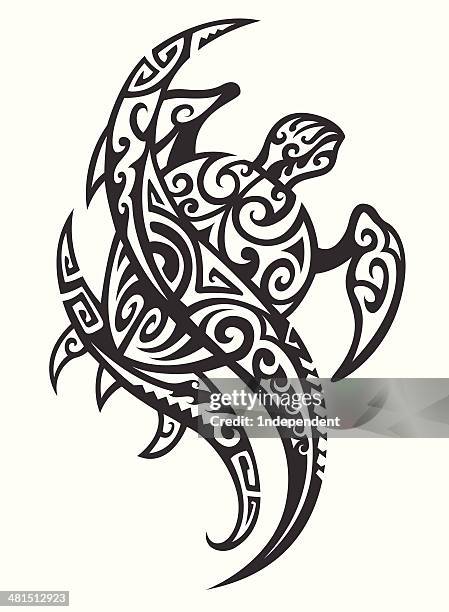 hawaiian tribal turtle with wave - turtle stock illustrations