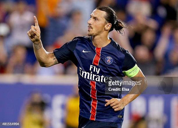 Zlatan Ibrahimovic of Paris Saint-Germain celebrates his goal in the second half against AFC Fiorentina during the International Champions Cup at Red...