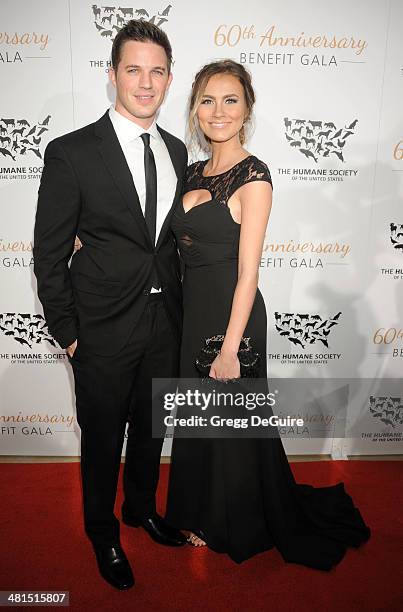 Actor Matt Lanter and Angela Stacy arrive at The Humane Society Of The United States 60th anniversary benefit gala at The Beverly Hilton Hotel on...