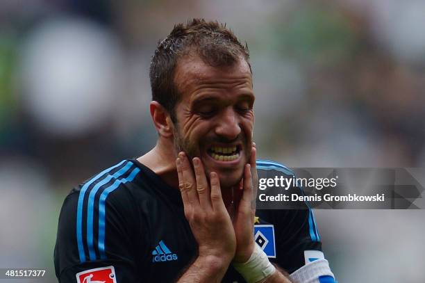 Rafael van der Vaart of Hamburger SV shows his frustration after the Bundesliga match between Borussia Moenchengladbach and Hamburger SV at...