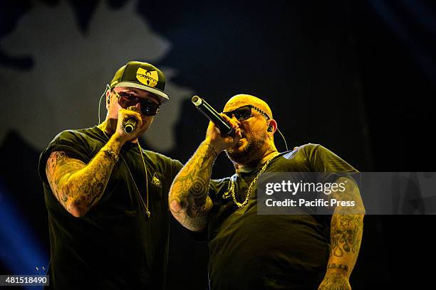 Guè Pequeno and Jake La Furia of Club Dogo perform live at Estathé Market Sound. Club Dogo is an Italian rap group from Milan that consists of Guè...