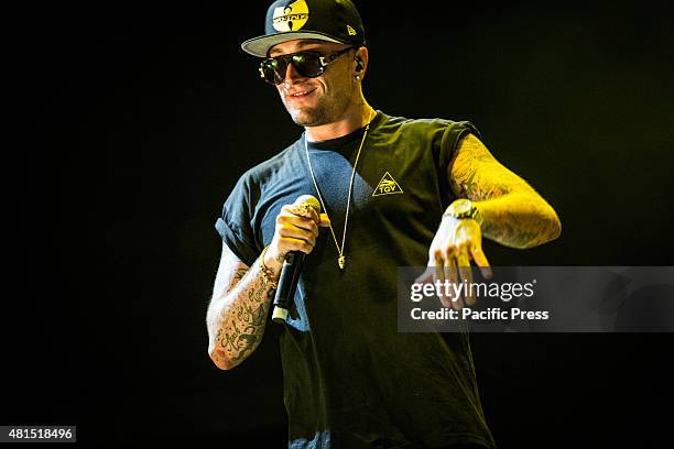 Guè Pequeno of Club Dogo performs live at Estathé Market Sound. Club Dogo is an Italian rap group from Milan that consists of Guè Pequeno and Jake La...
