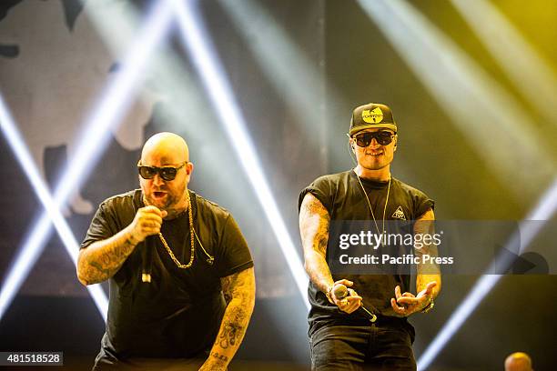 Jake La Furia and Guè Pequeno of Club Dogo perform live at Estathé Market Sound. Club Dogo is an Italian rap group from Milan that consists of Guè...