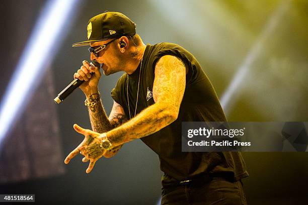 Guè Pequeno of Club Dogo performs live at Estathé Market Sound. Club Dogo is an Italian rap group from Milan that consists of Guè Pequeno and Jake La...