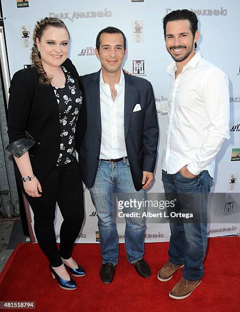 Producers Liliana Kligman, Elie Mechoulam and actor Jason Cook at the Fangoria screening of "Dark Awakening" held at Jumpcut Cafe on July 15, 2015 in...