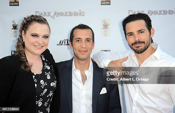 Producers Liliana Kligman, Elie Mechoulam and actor Jason Cook at the Fangoria screening of "Dark Awakening" held at Jumpcut Cafe on July 15, 2015 in...