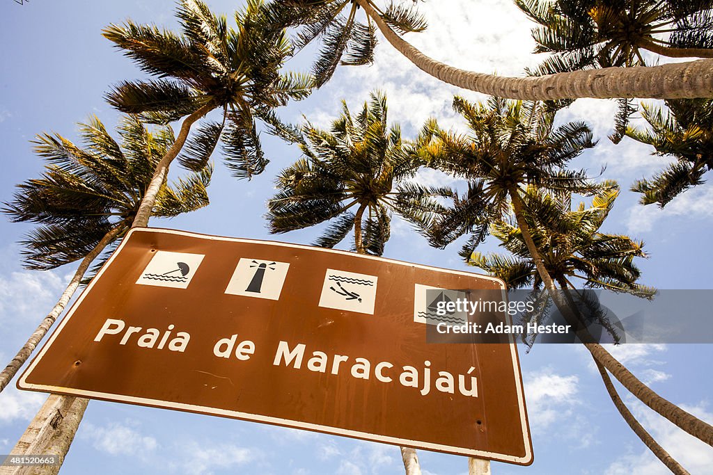 A sign with palm trees at Praia de Maracajau.