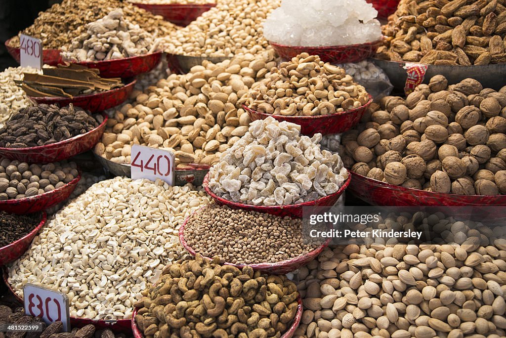 Market stall with a variety of nuts