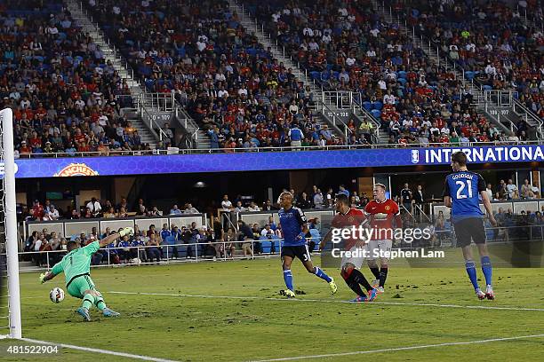 Memphis Depay of Manchester United scores against the San Jose Earthquakes during the first half of his International Champions Cup match on July 21,...