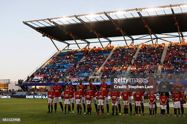 Members of of Manchester United stand on the field during before their International Champions Cup match against San Jose Earthquakes on July 21,...